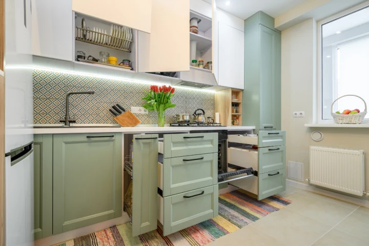 Pastel green pull-out hamper cabinets showing custom glide-outs for kitchen cabinets.