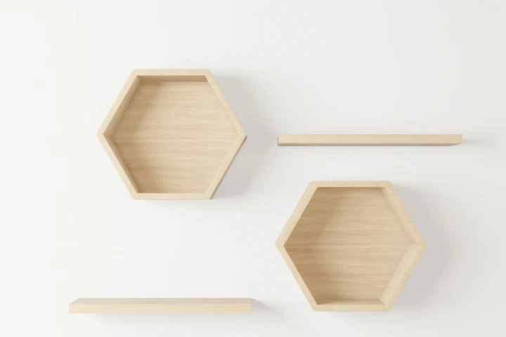 Floating shelves help keep things organized without adding bulky storage units