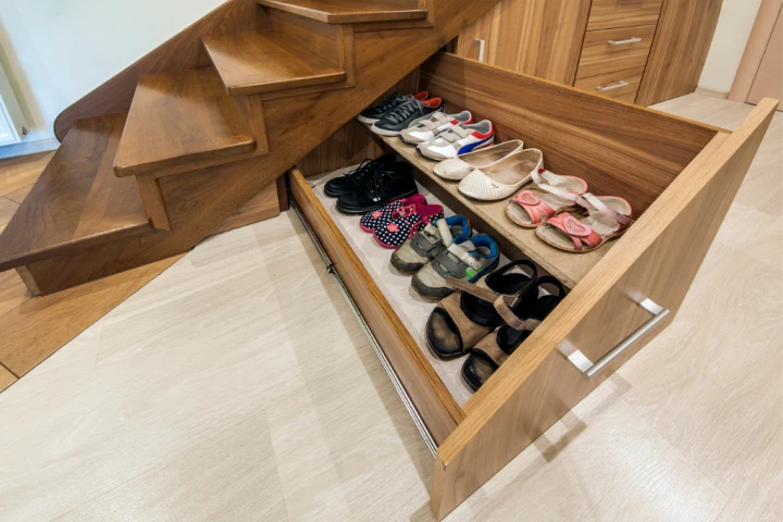 A wooden stairway with well-fitted storage underneath.