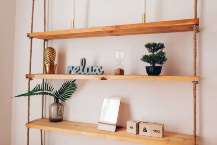 A wooden shelf with plants and objects on them.