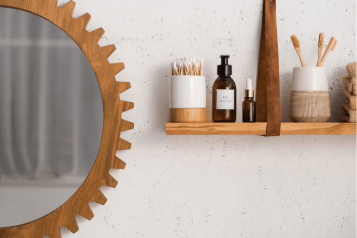 Bathroom floating shelves and mirror.