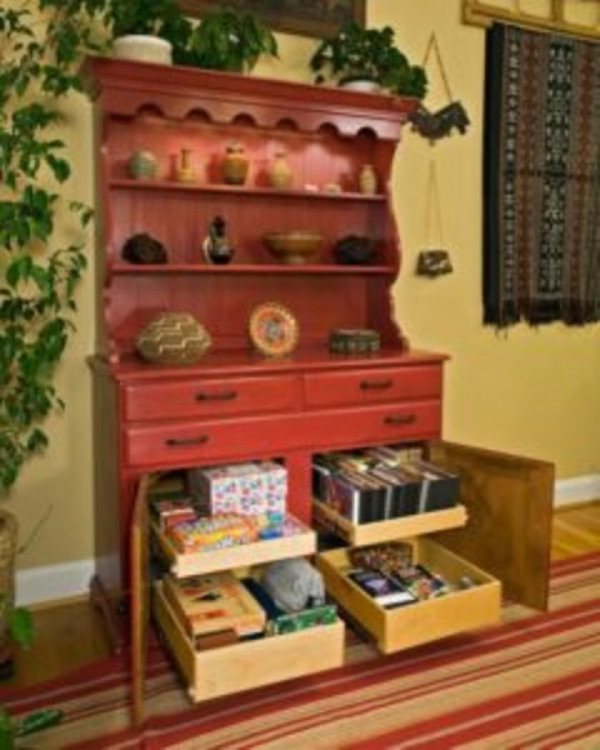 Curio cabinet, retrofit drawers, gameroom.