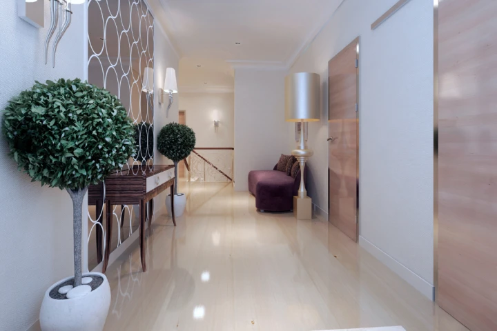 Entryway console tables create a storage solution and counter space.