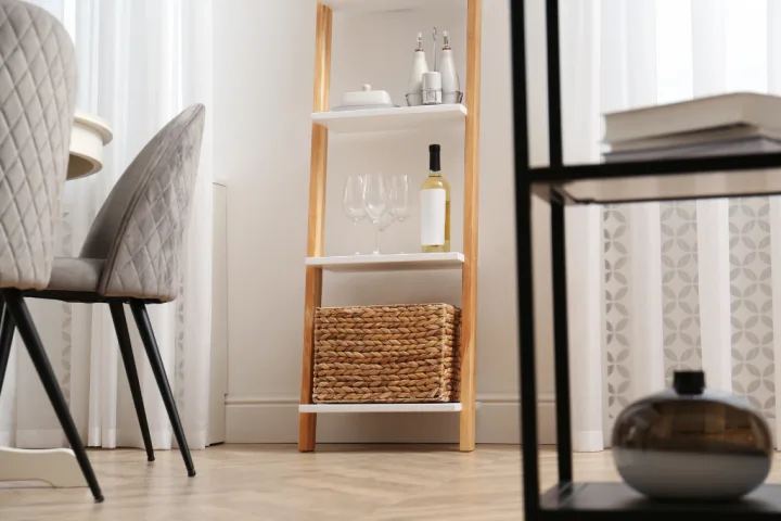 Ladder shelf hallway storage.