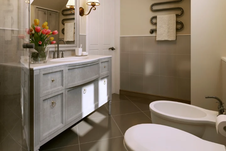 Neutral mid-century modern style bathroom.