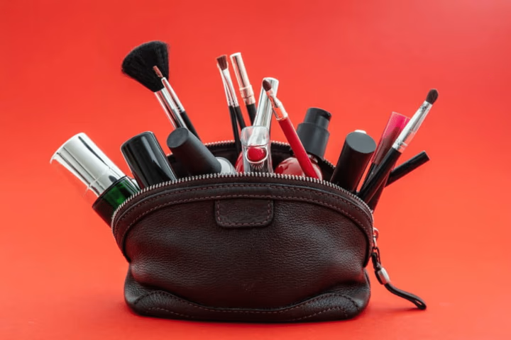 Make up bag with cosmetics.