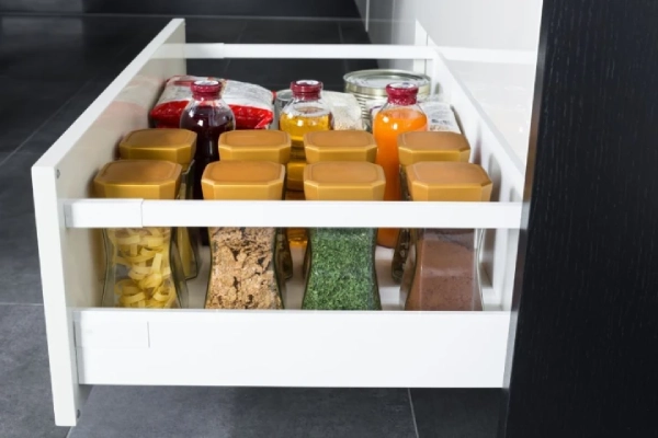 Modern kitchen countertop with food ingredients.