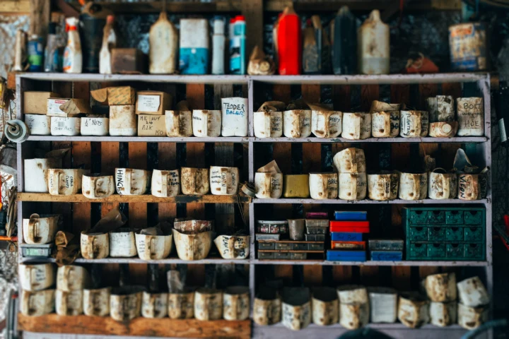 Shelves with objects on it.