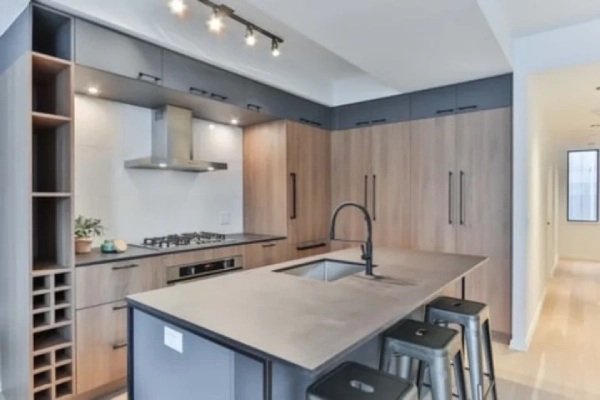 Wooden finished countertop and cabinet.