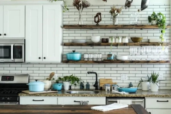 Wooden kitchen shelves.